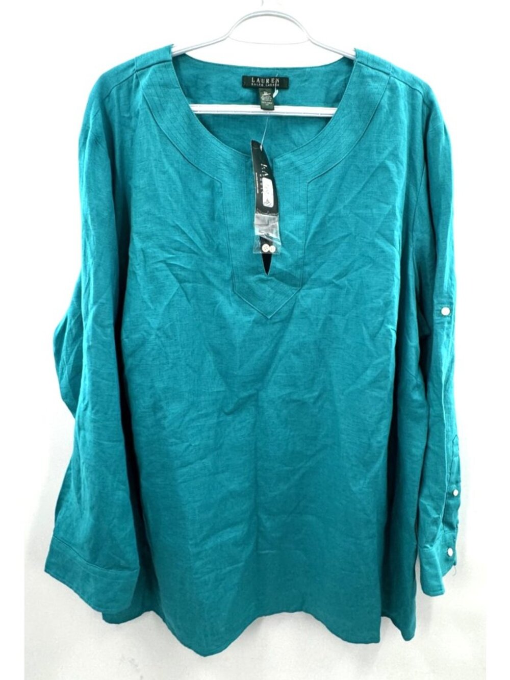 NWT Ralph Lauren Emerald Green Pure Linen Popover Blouse Top Women's Sz 3XL